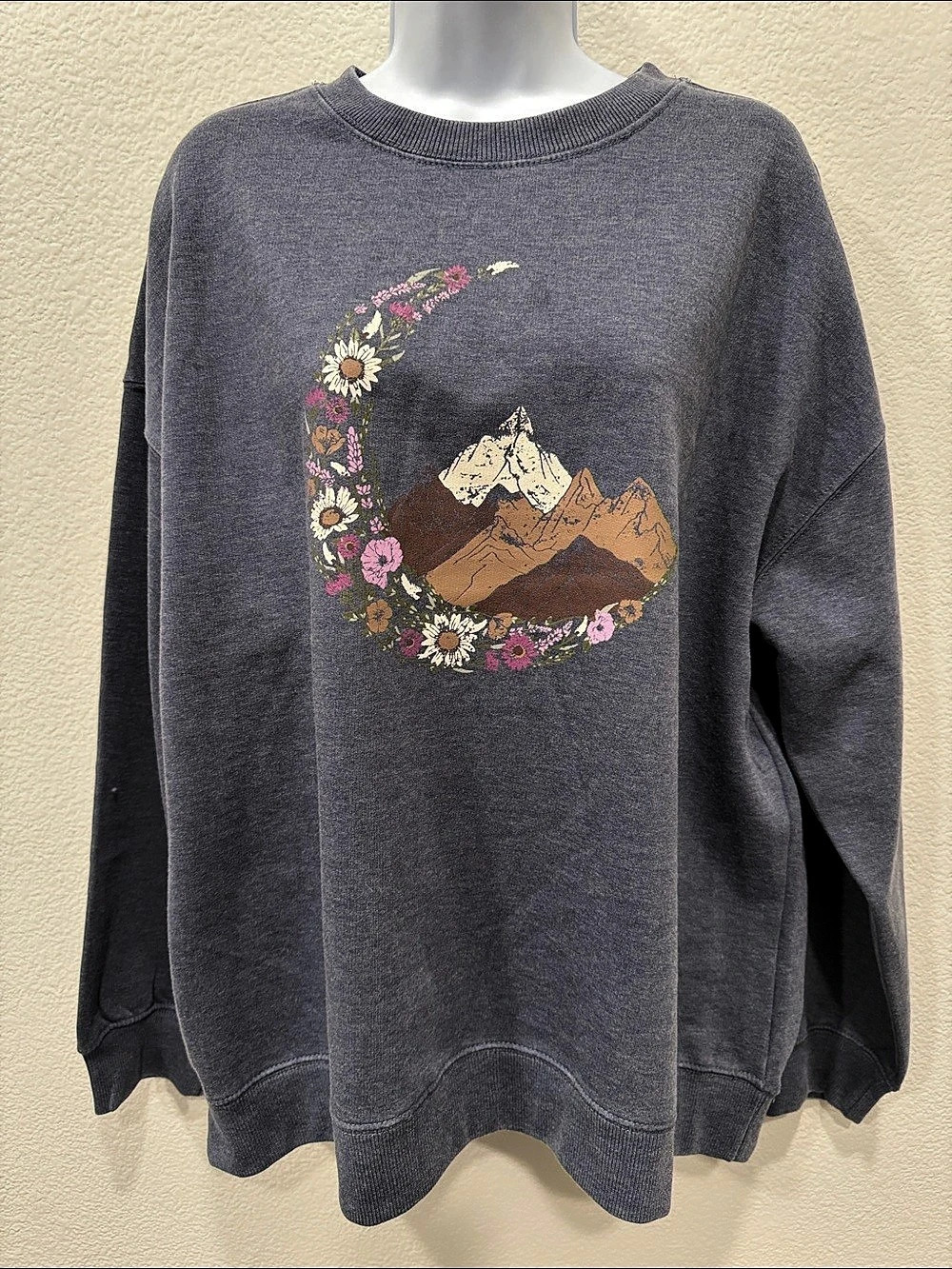 C&C California Vintage Indigo Floral Moon Floral Mountain Graphic Sweatshirt